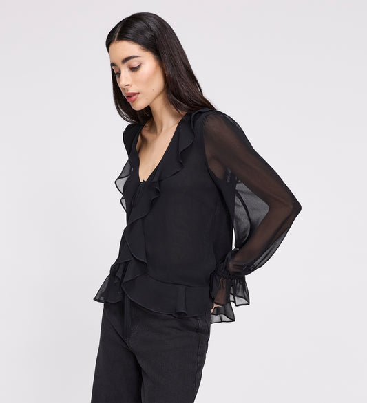 Jannelle Black Chiffon Ruffle Front Tie Blouse