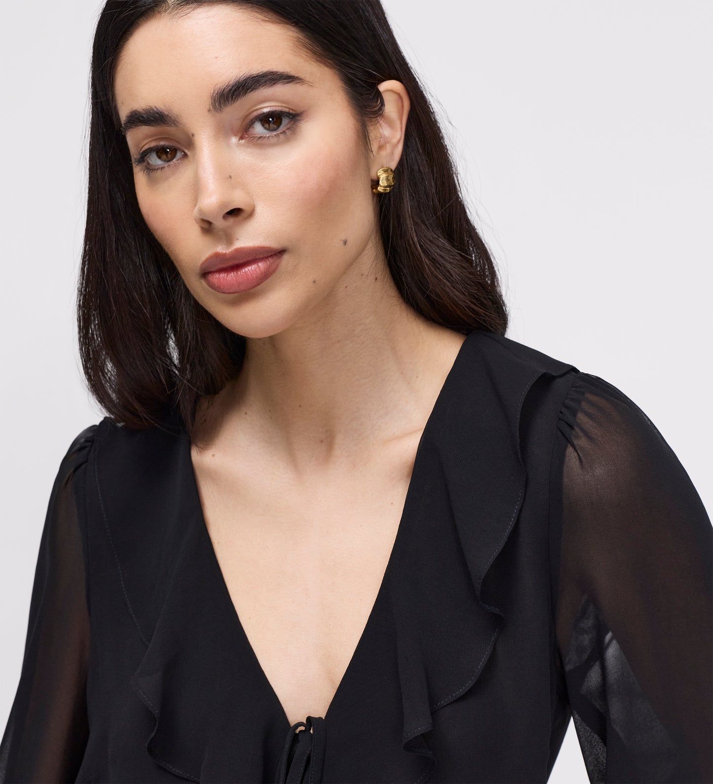 Jannelle Black Chiffon Ruffle Front Tie Blouse