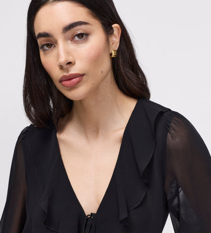 Jannelle Black Chiffon Ruffle Front Tie Blouse