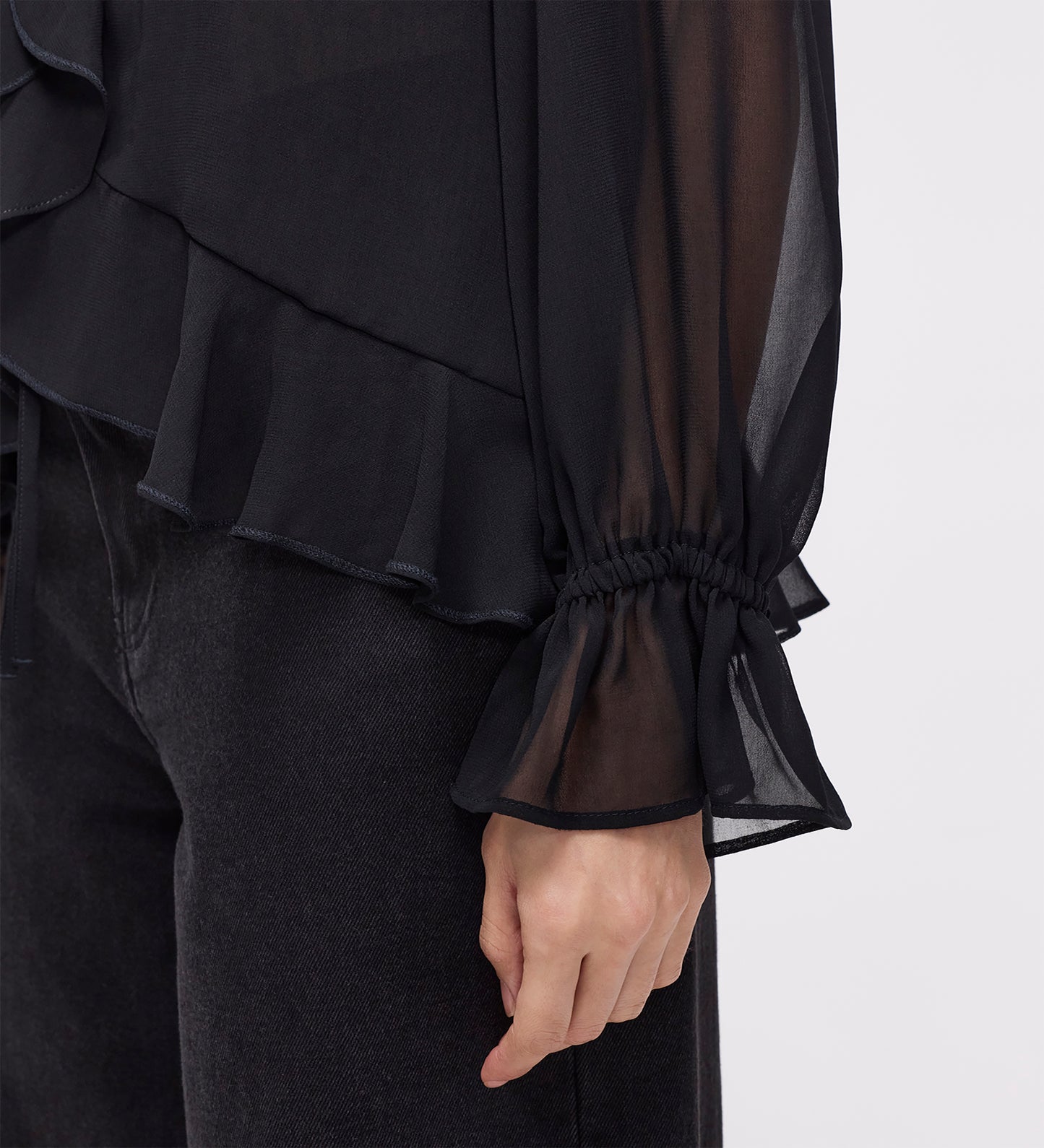 Jannelle Black Chiffon Ruffle Front Tie Blouse