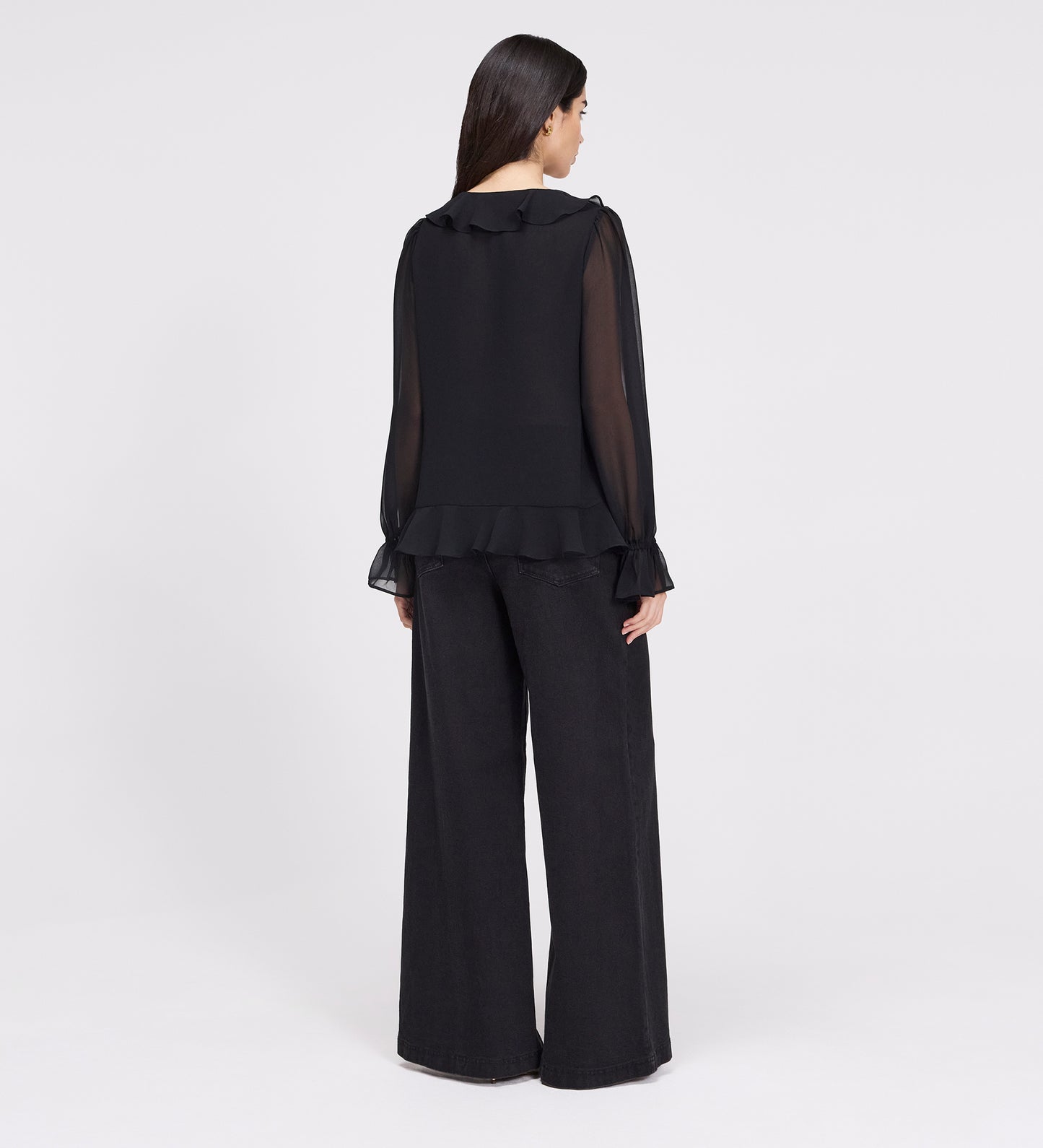 Jannelle Black Chiffon Ruffle Front Tie Blouse