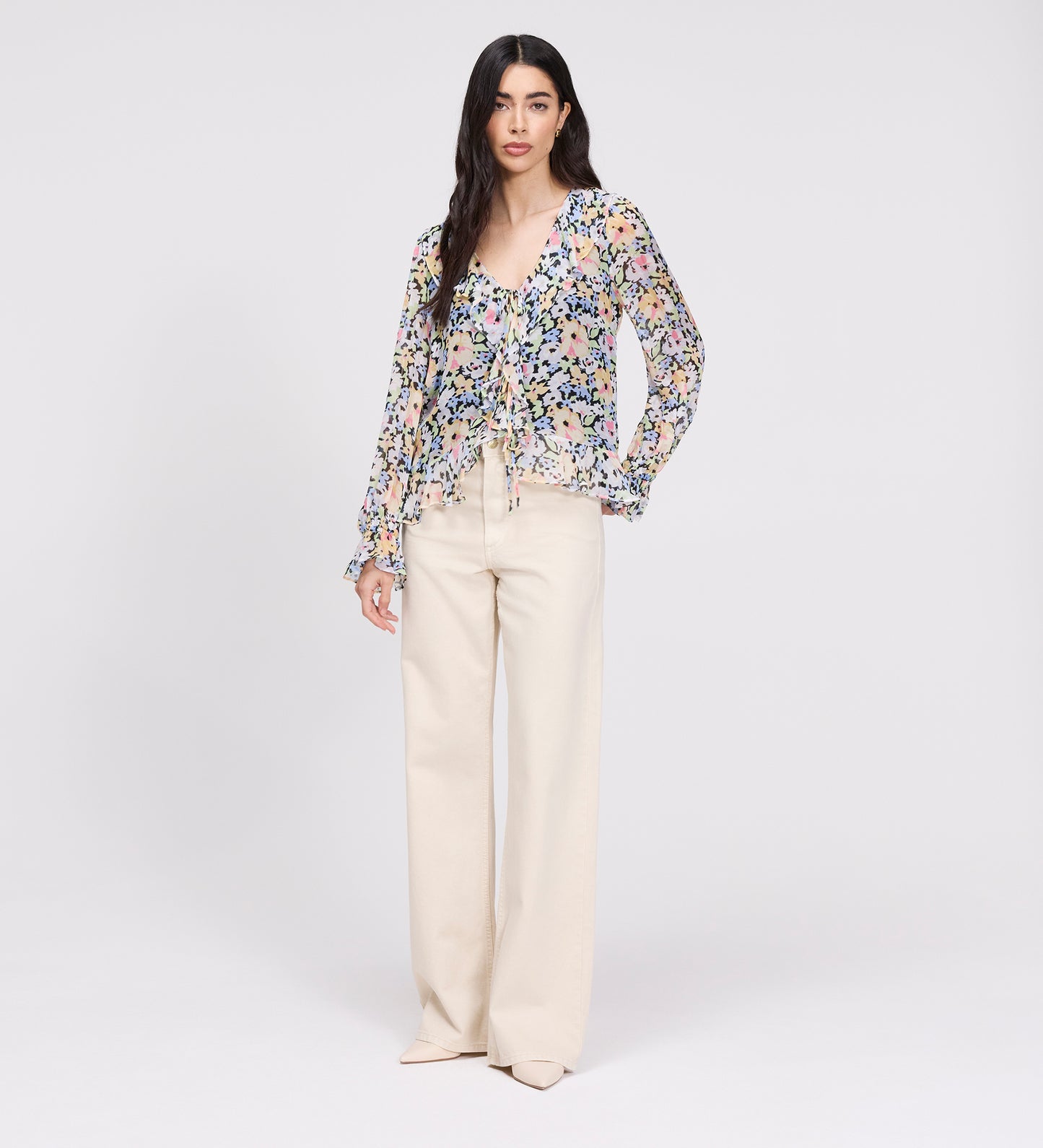 Jannelle Yellow Floral Chiffon Ruffle Front Tie Blouse