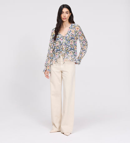Jannelle Yellow Floral Chiffon Ruffle Front Tie Blouse