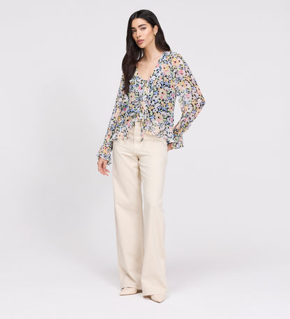 Jannelle Yellow Floral Chiffon Ruffle Front Tie Blouse