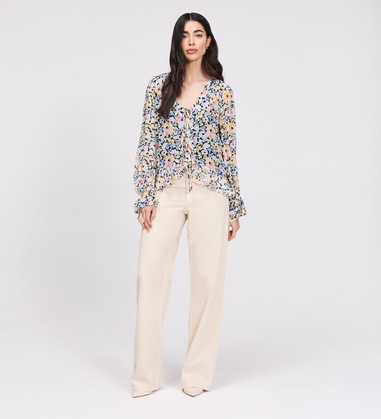 Jannelle Yellow Floral Chiffon Ruffle Front Tie Blouse