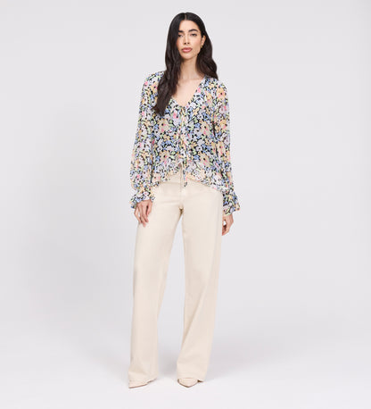 Jannelle Yellow Floral Chiffon Ruffle Front Tie Blouse