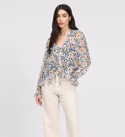 Jannelle Yellow Floral Chiffon Ruffle Front Tie Blouse