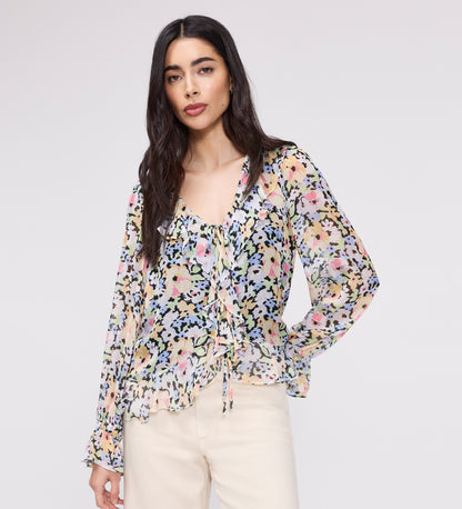 Jannelle Yellow Floral Chiffon Ruffle Front Tie Blouse