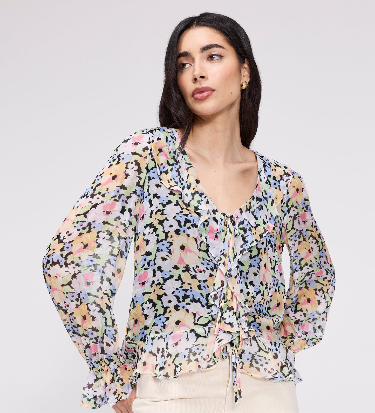 Jannelle Yellow Floral Chiffon Ruffle Front Tie Blouse