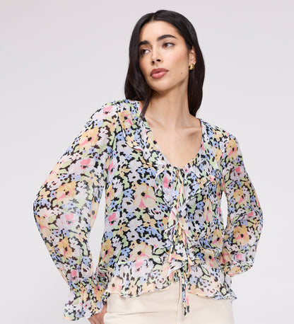 Jannelle Yellow Floral Chiffon Ruffle Front Tie Blouse