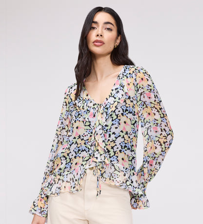 Jannelle Yellow Floral Chiffon Ruffle Front Tie Blouse