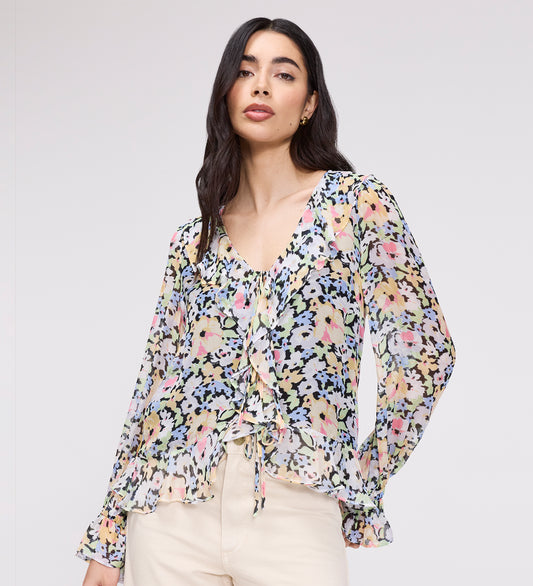 Jannelle Yellow Floral Chiffon Ruffle Front Tie Blouse