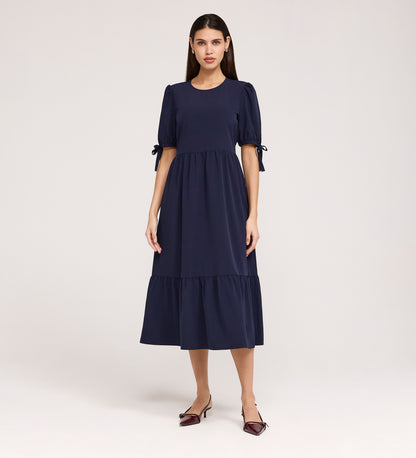 Jessa Navy Crepe Midi Tiered Dress