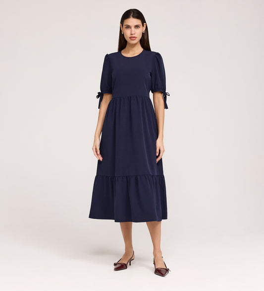 Jessa Navy Crepe Midi Tiered Dress