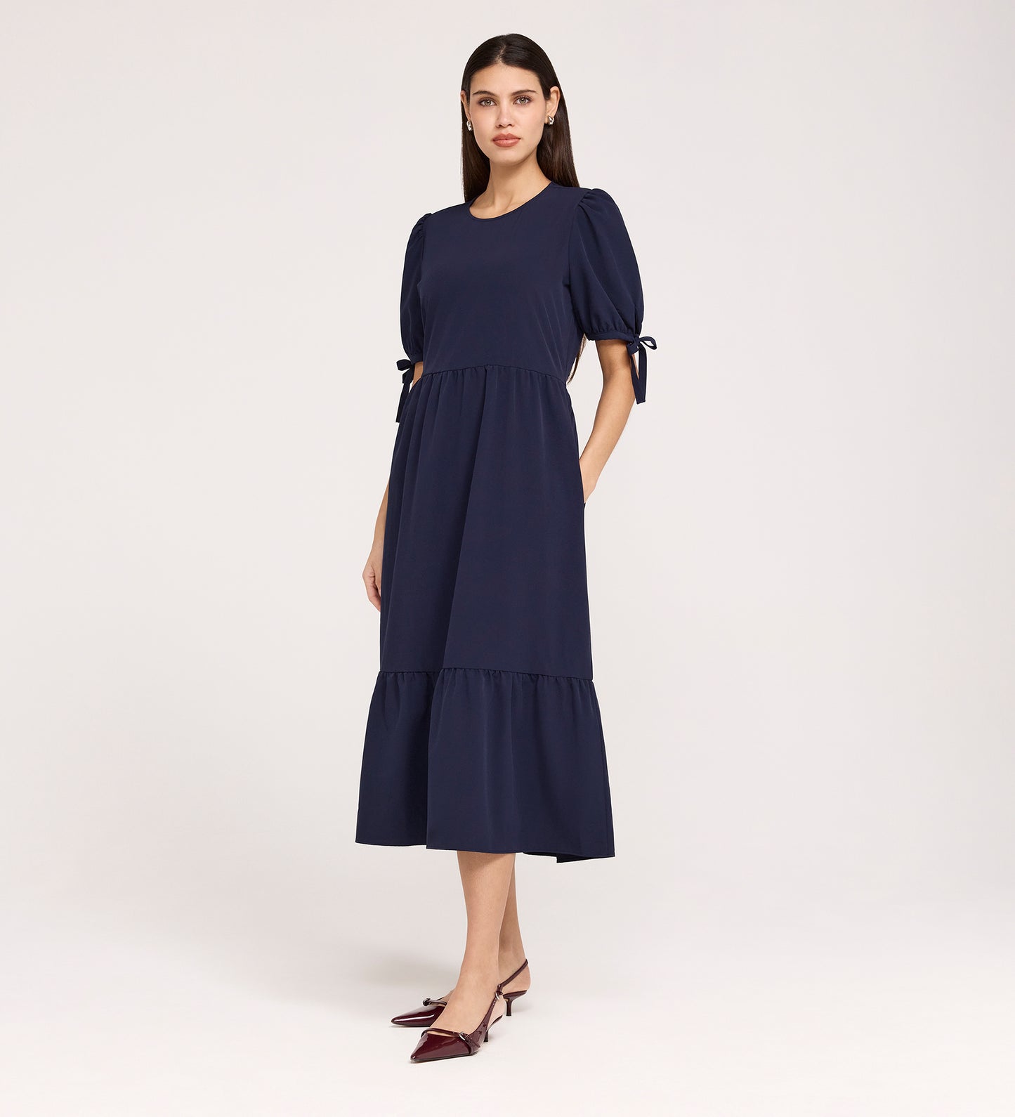 Jessa Navy Crepe Midi Tiered Dress