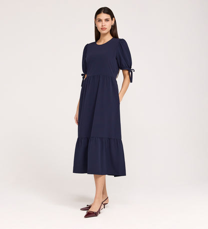 Jessa Navy Crepe Midi Tiered Dress