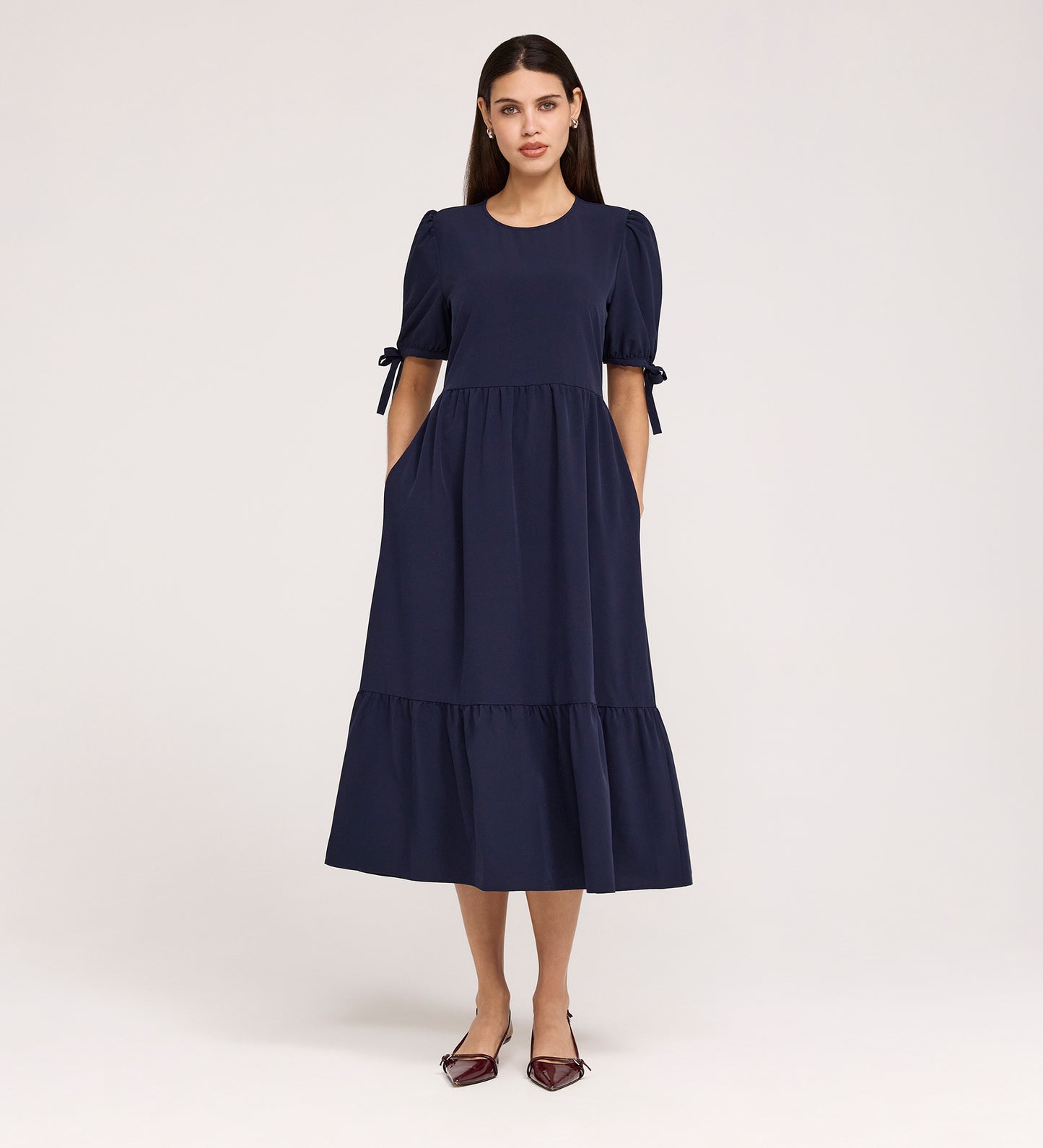 Jessa Navy Crepe Midi Tiered Dress