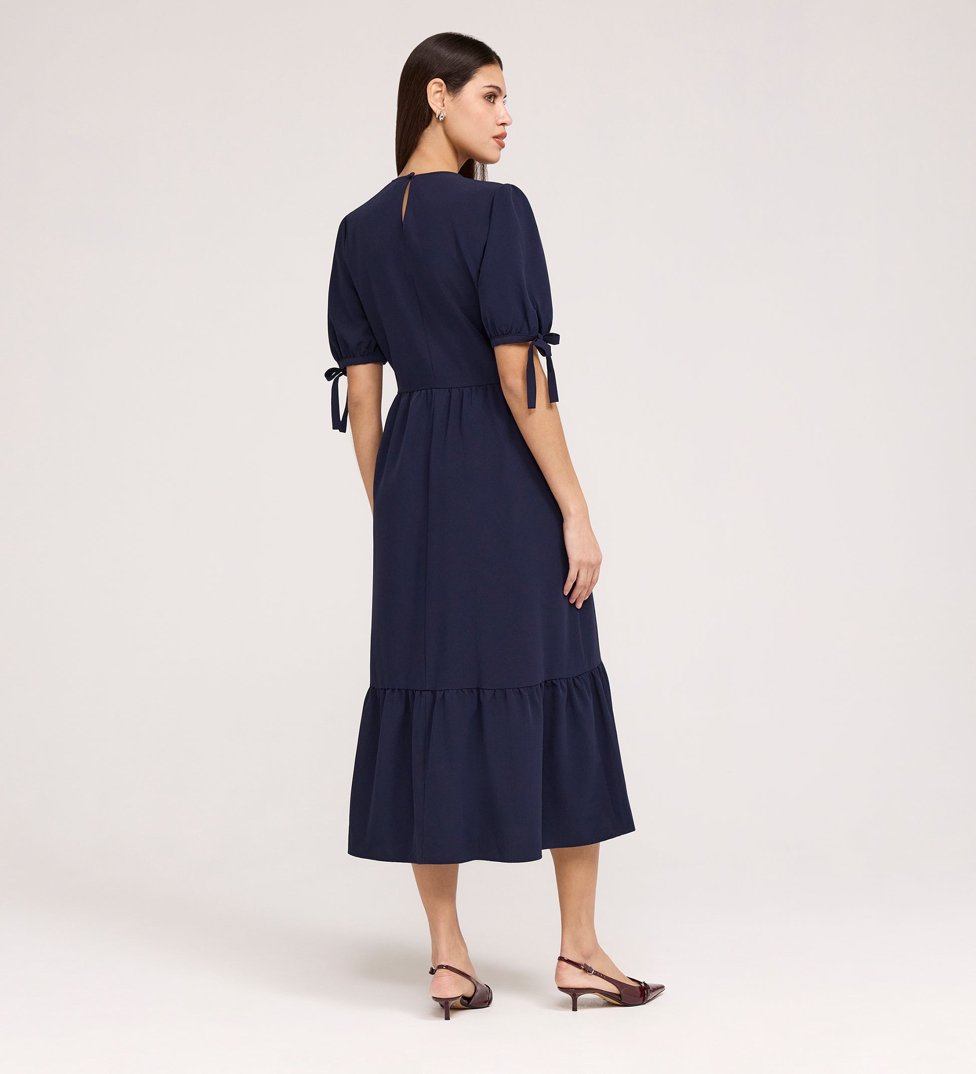 navy blue dress with brown sandals ASTR the Label | Harper Smocked A-Line Midi Dress in Navy