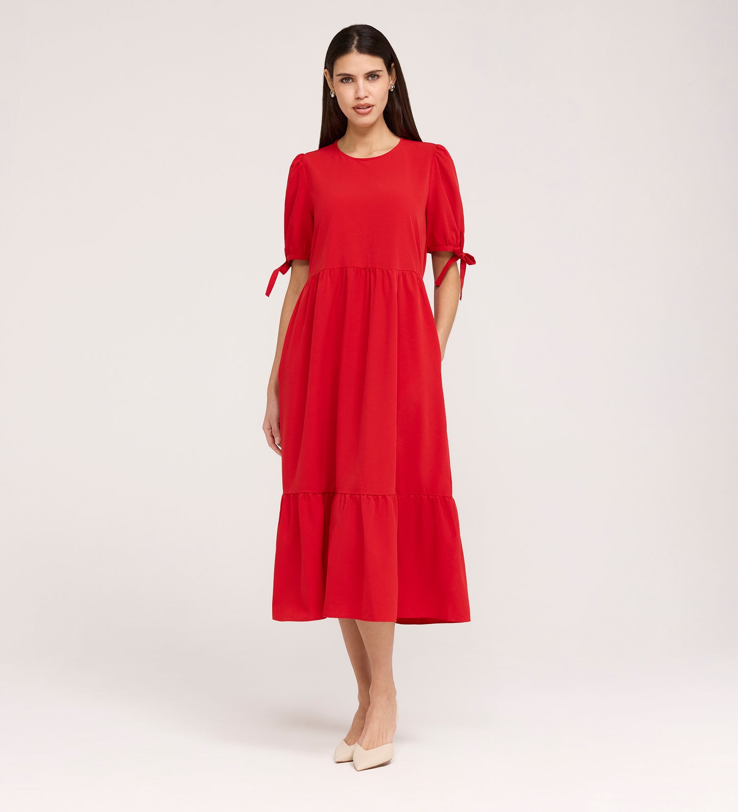 Jessa Red Crepe Midi Tiered Dress