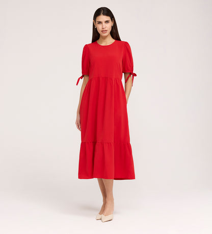 Jessa Red Crepe Midi Tiered Dress