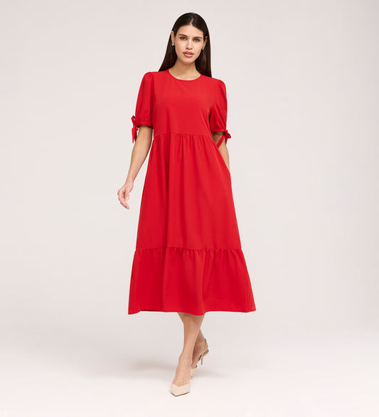 Jessa Red Crepe Midi Tiered Dress