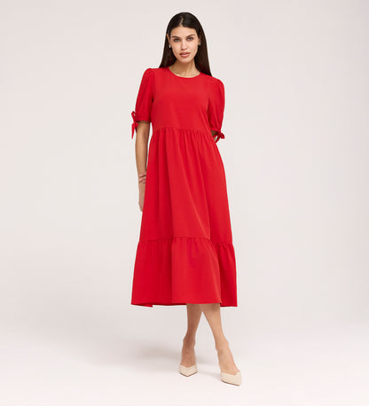 Jessa Red Crepe Midi Tiered Dress