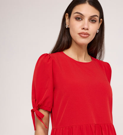 Jessa Red Crepe Midi Tiered Dress