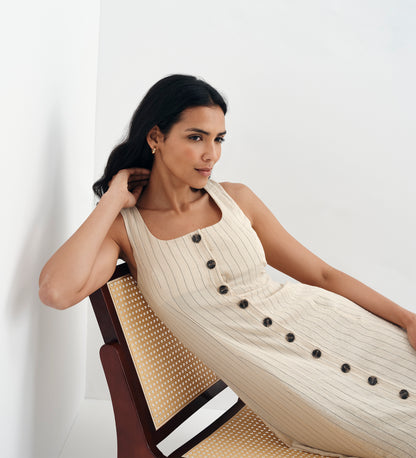 Jillian Beige Stripe Square Neck Sleeveless Button-Through Midi Dress