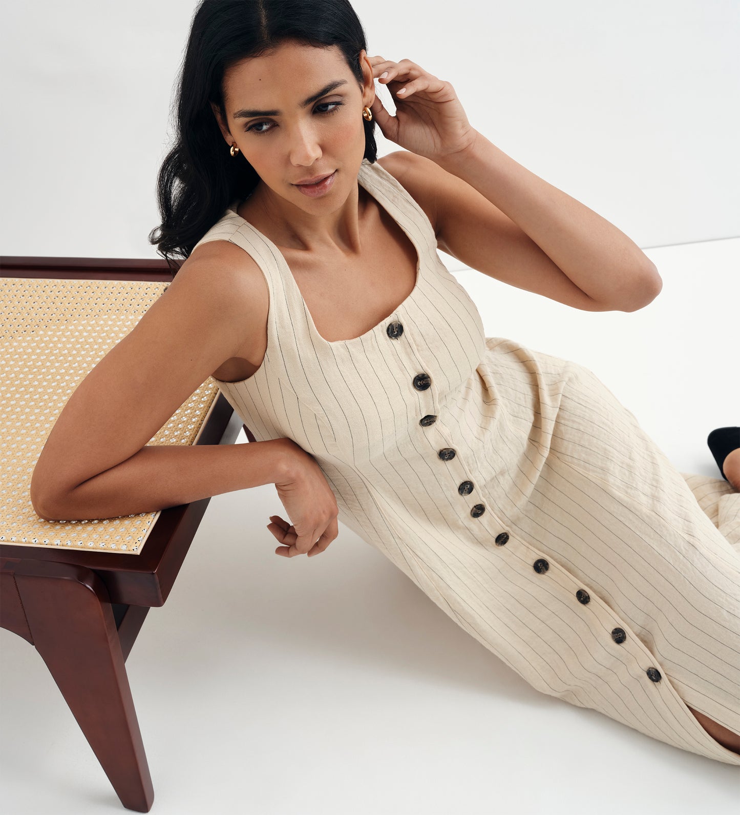 Jillian Beige Stripe Square Neck Sleeveless Button-Through Midi Dress