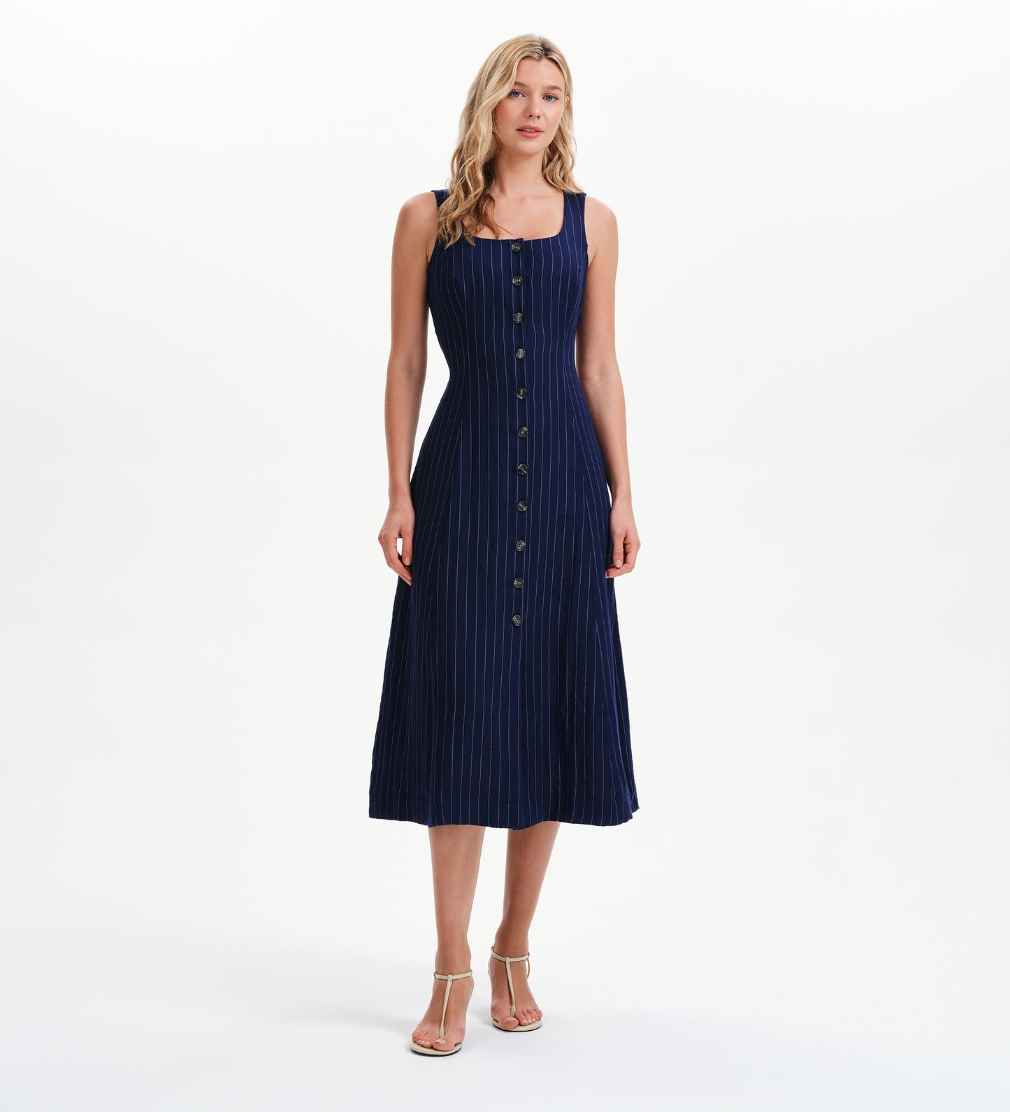 Jillian Navy Stripe Square Neck Sleeveless Button-Through Midi Dress