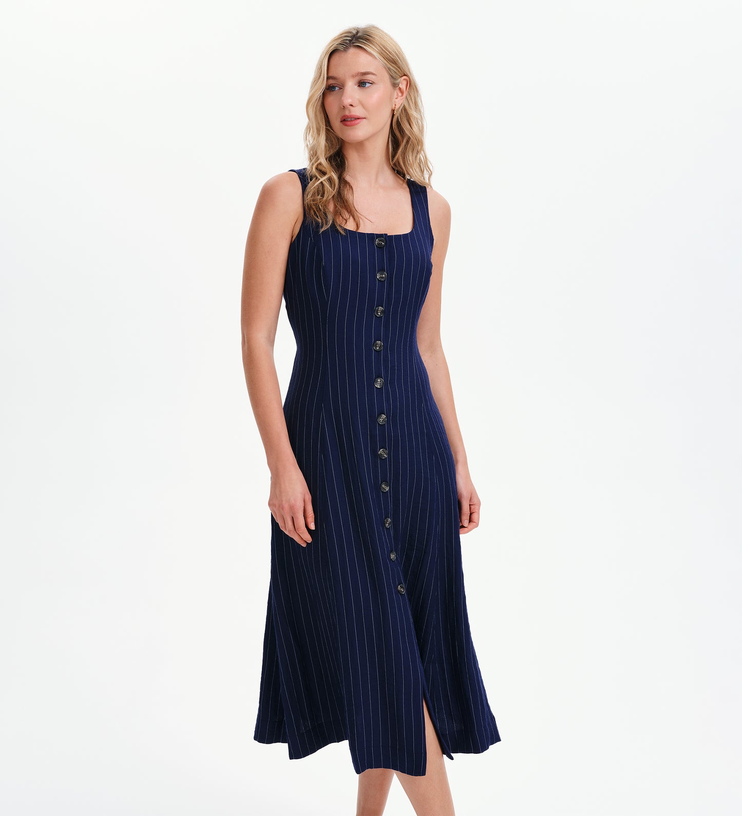 Jillian Navy Stripe Square Neck Sleeveless Button-Through Midi Dress