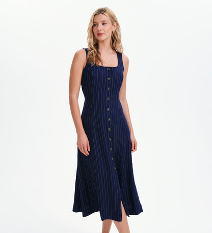 Jillian Navy Stripe Square Neck Sleeveless Button-Through Midi Dress