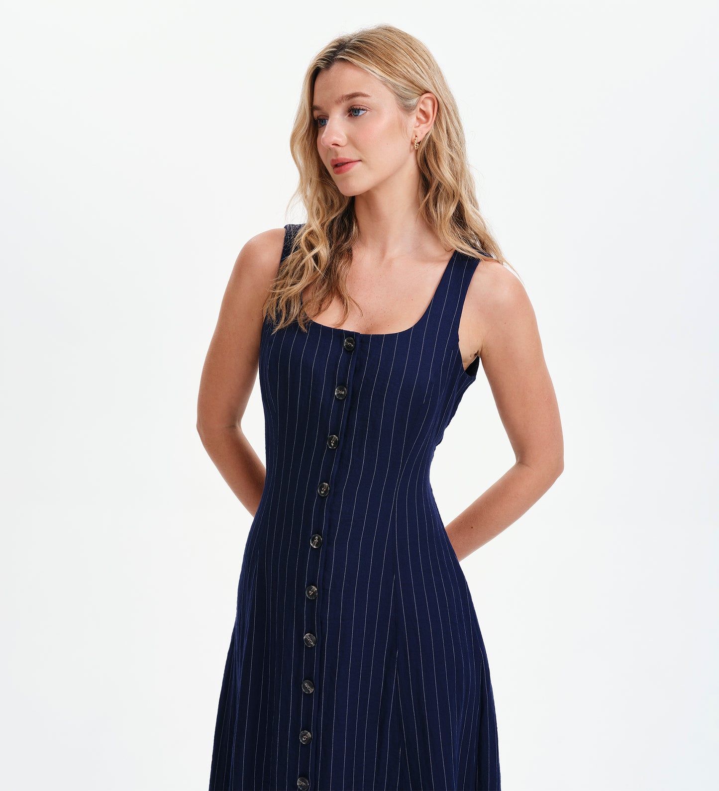 Jillian Navy Stripe Square Neck Sleeveless Button-Through Midi Dress