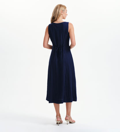 Jillian Navy Stripe Square Neck Sleeveless Button-Through Midi Dress