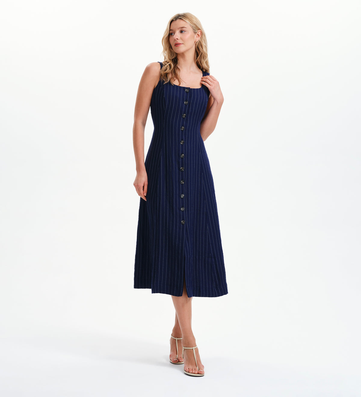 Jillian Navy Stripe Square Neck Sleeveless Button-Through Midi Dress – Finery London