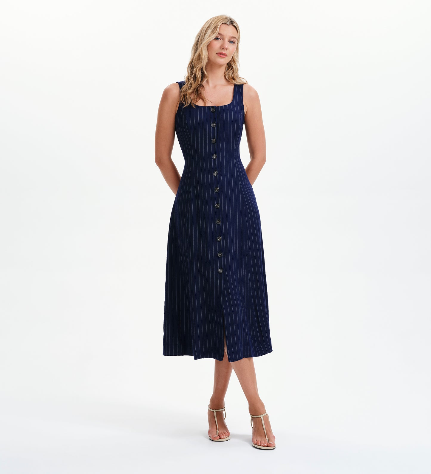 Jillian Navy Stripe Square Neck Sleeveless Button-Through Midi Dress