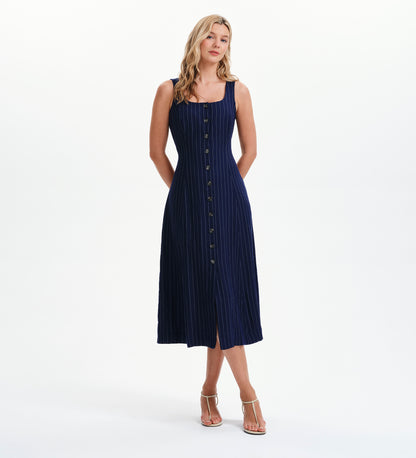 Jillian Navy Stripe Square Neck Sleeveless Button-Through Midi Dress