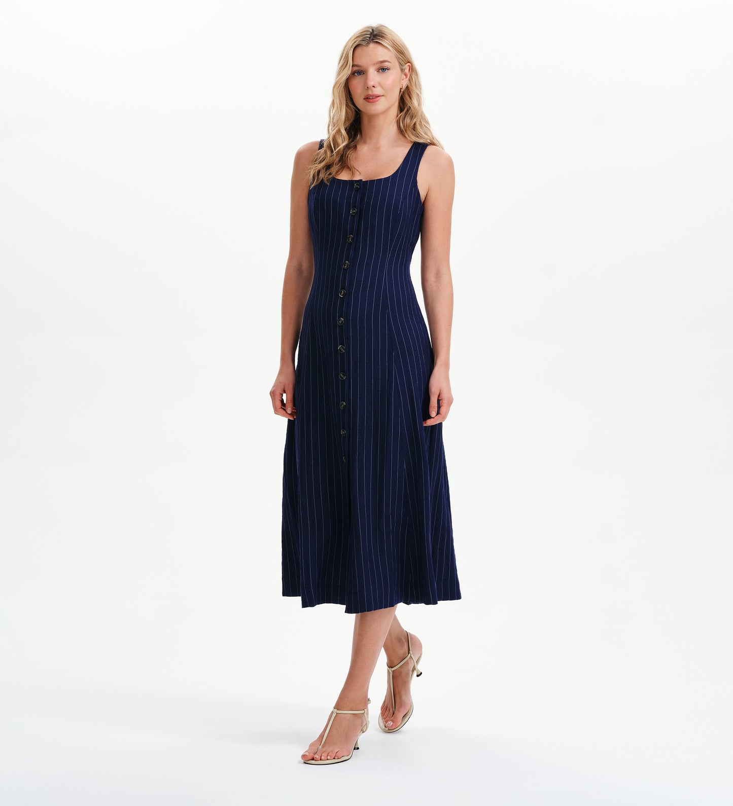 Jillian Navy Stripe Square Neck Sleeveless Button-Through Midi Dress
