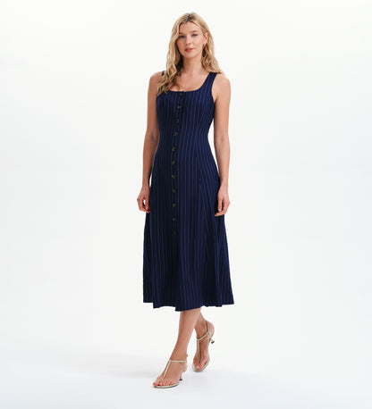 Jillian Navy Stripe Square Neck Sleeveless Button-Through Midi Dress