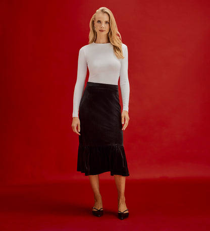 Joline Black Velvet Tiered Midi Skirt