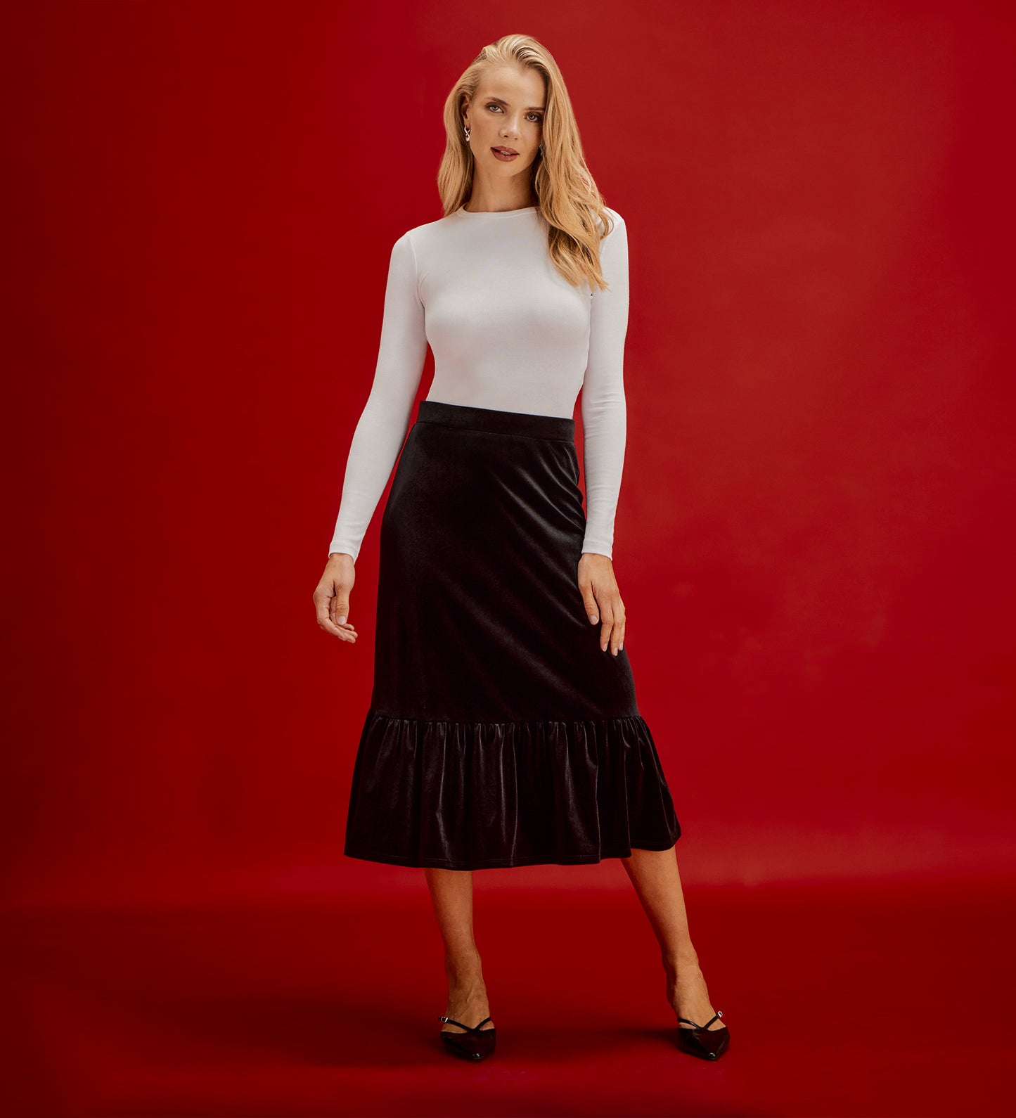 Joline Black Velvet Tiered Midi Skirt