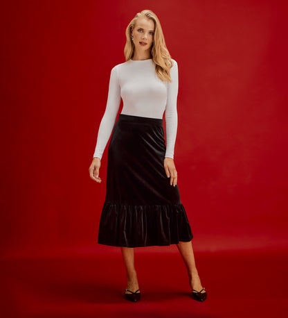 Joline Black Velvet Tiered Midi Skirt