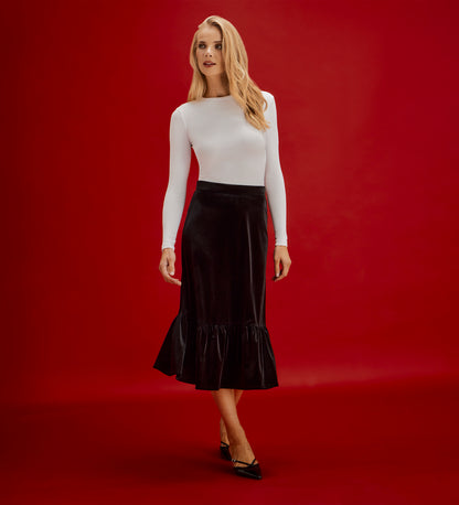 Joline Black Velvet Tiered Midi Skirt