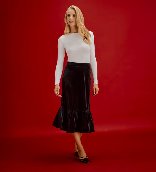 Joline Black Velvet Tiered Midi Skirt