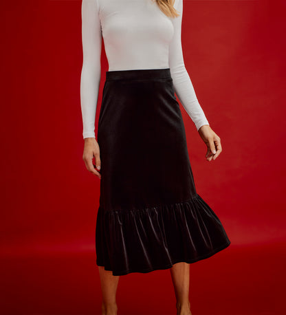 Joline Black Velvet Tiered Midi Skirt