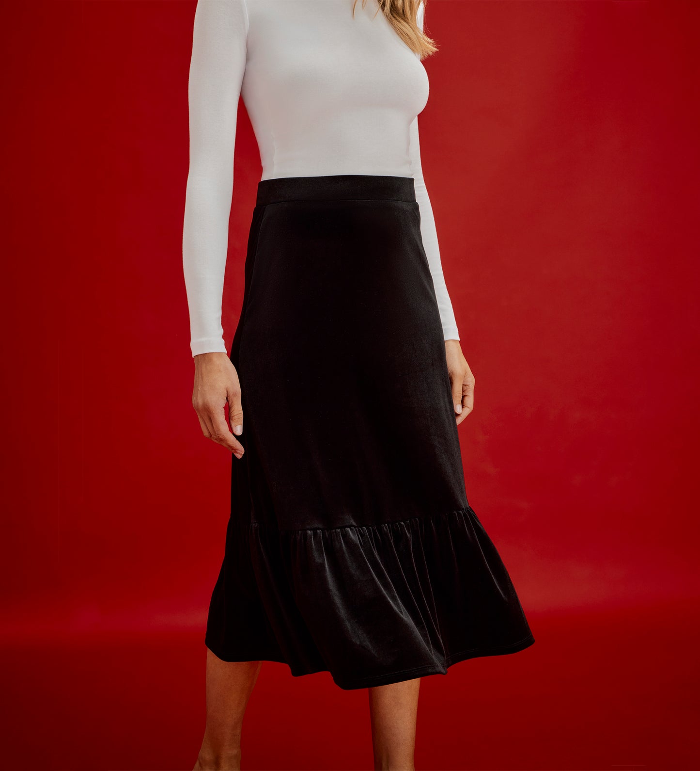 Joline Black Velvet Tiered Midi Skirt