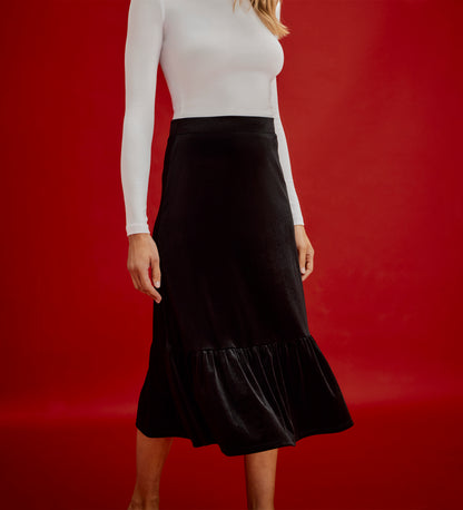 Joline Black Velvet Tiered Midi Skirt