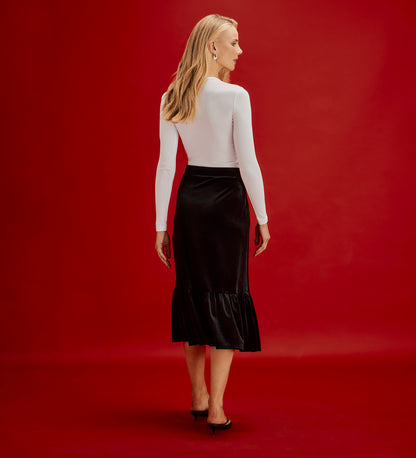 Joline Black Velvet Tiered Midi Skirt