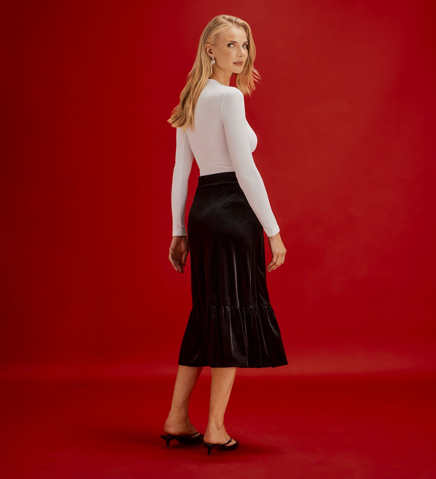 Joline Black Velvet Tiered Midi Skirt