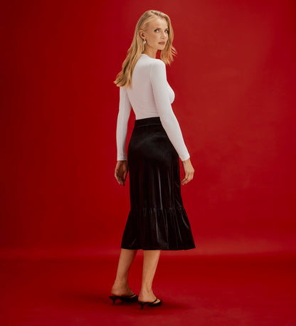 Joline Black Velvet Tiered Midi Skirt